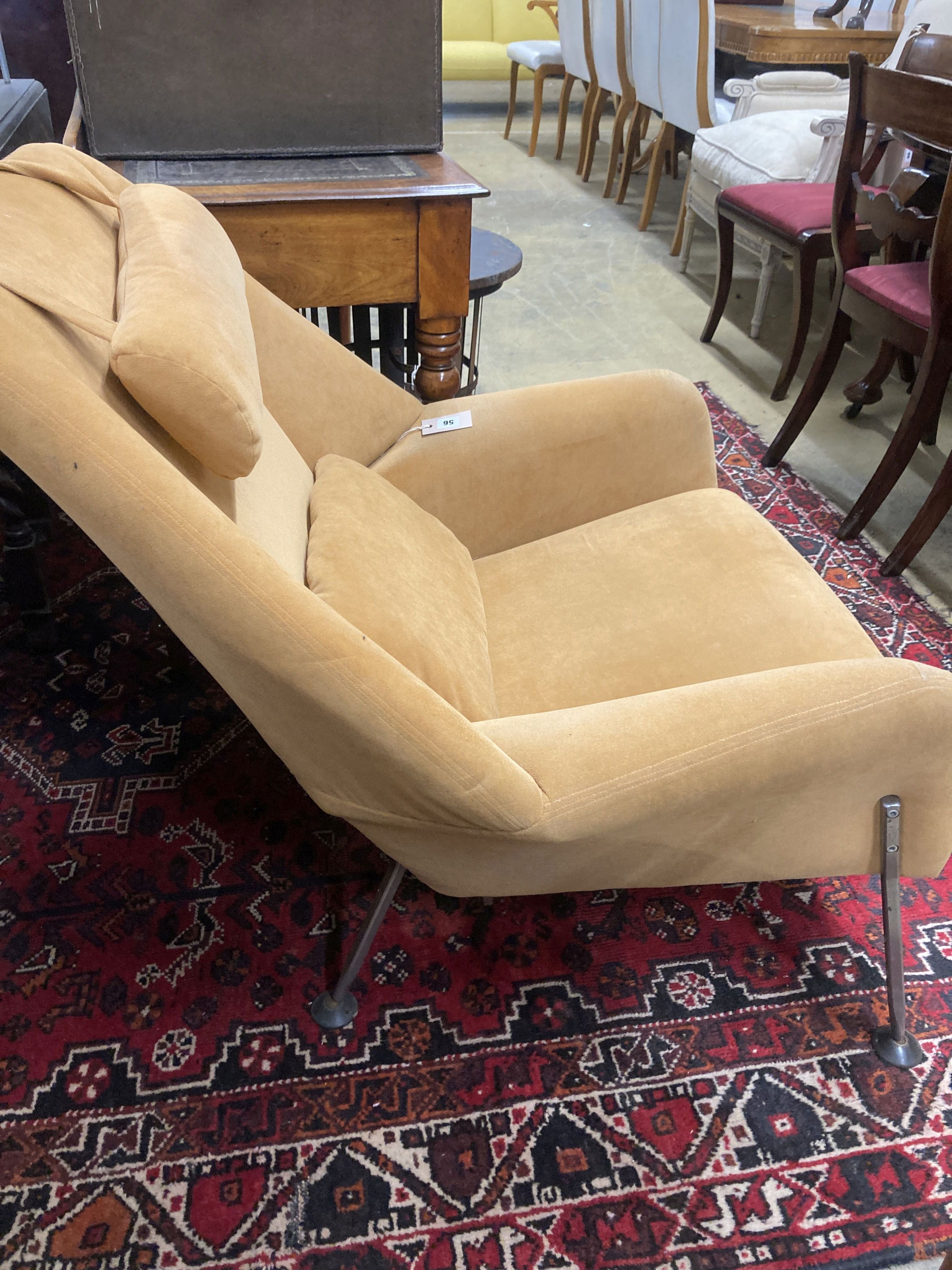 Two mid century style armchairs, upholstered in gold dralon, larger width 84cm, depth 70cm, height 90cm